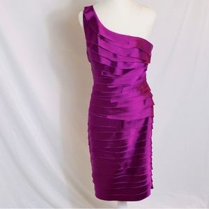 Bebe Asymmetrical One Shoulder Satin Dress